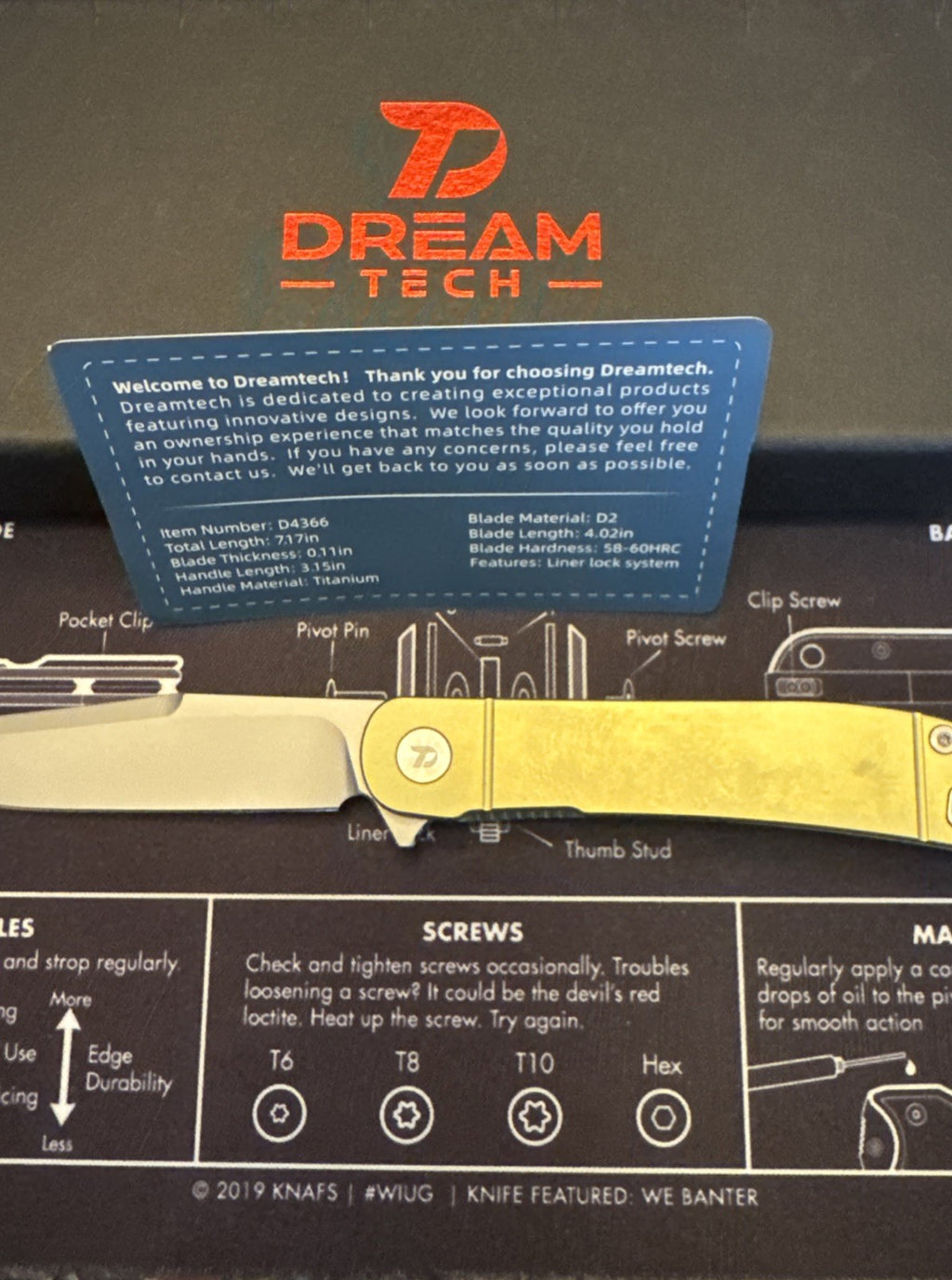 Dreamtech Liner Lock, TITANIUM Handle, D2 Blade, Model D4366GR