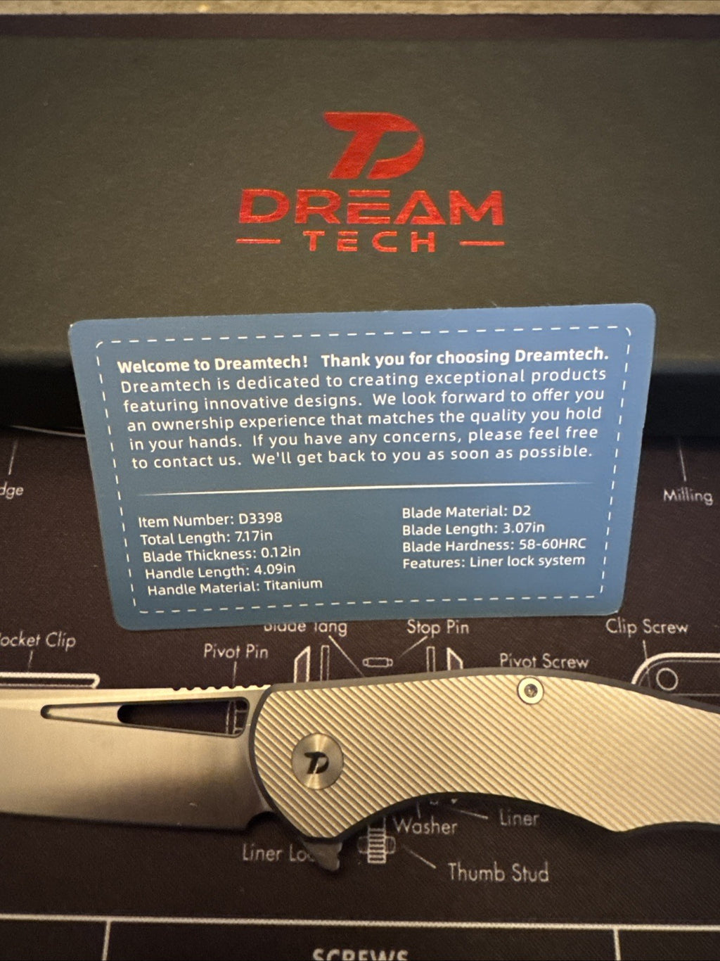 Dreamtech Liner Lock, TITANIUM Handle, D2 Blade, Model D3398TG, Silver