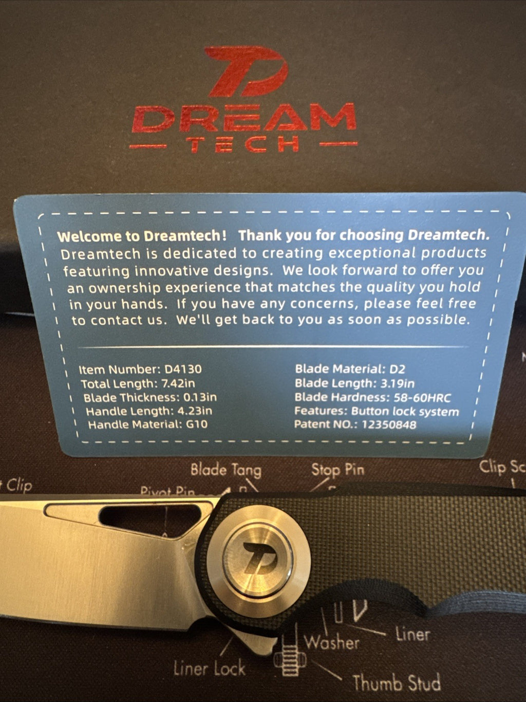 Dreamtech Button Lock, D4130GB, G10 Handle, D2 blade, Black