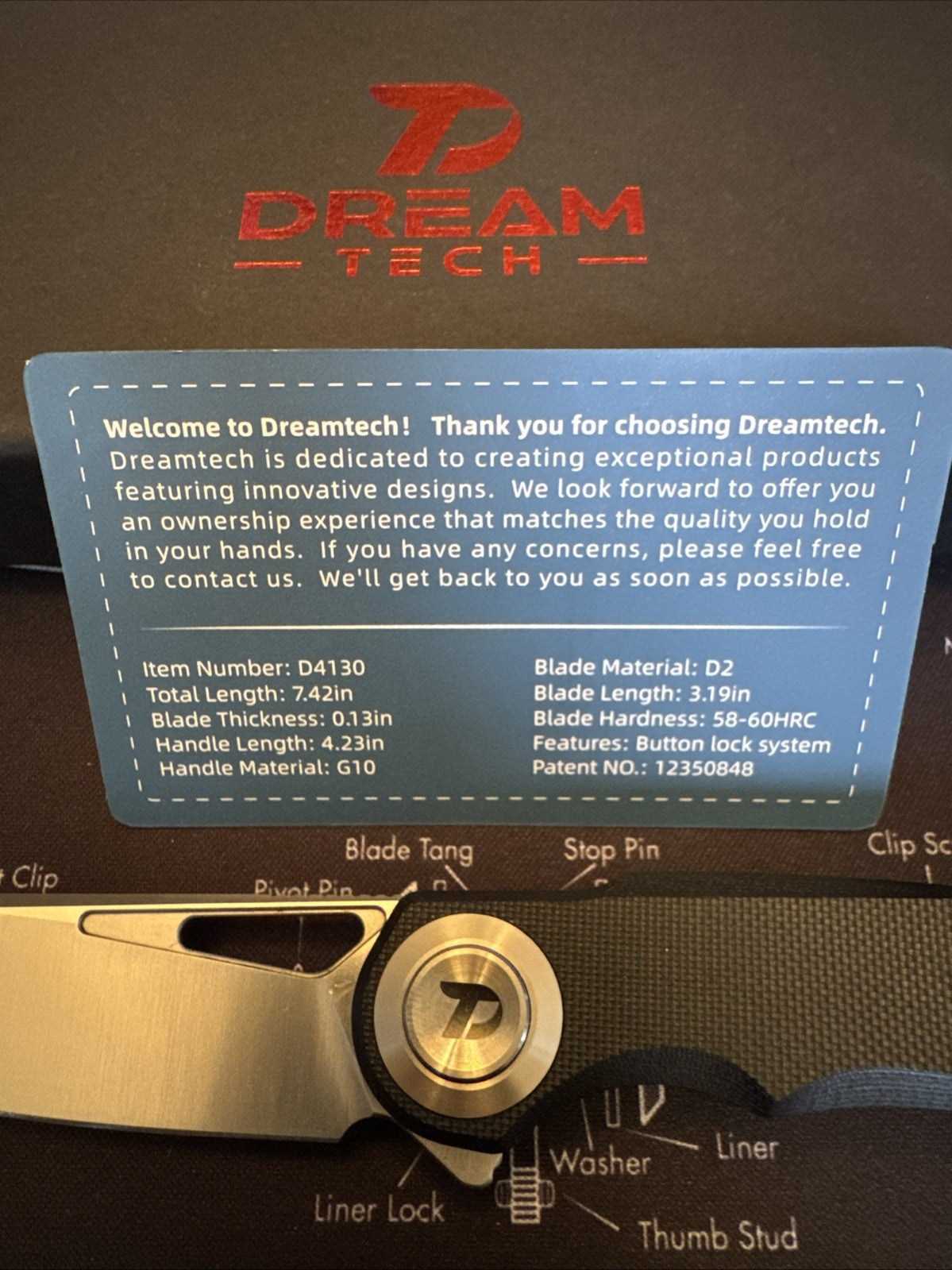 Dreamtech Button Lock, D4130GB, G10 Handle, D2 blade, Black