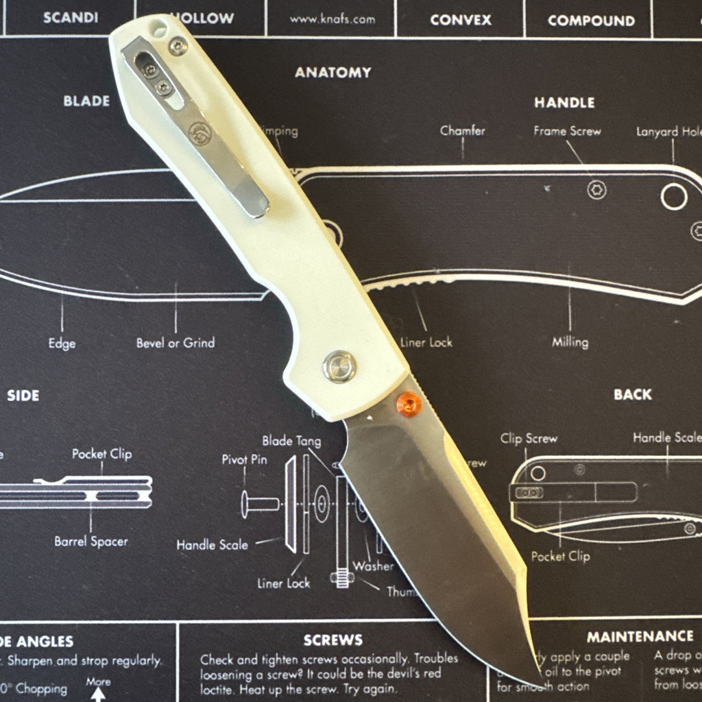 Vosteed Raccoon Folding Knife White G10 Handle 14C28N Bowie Plain Satin A2912