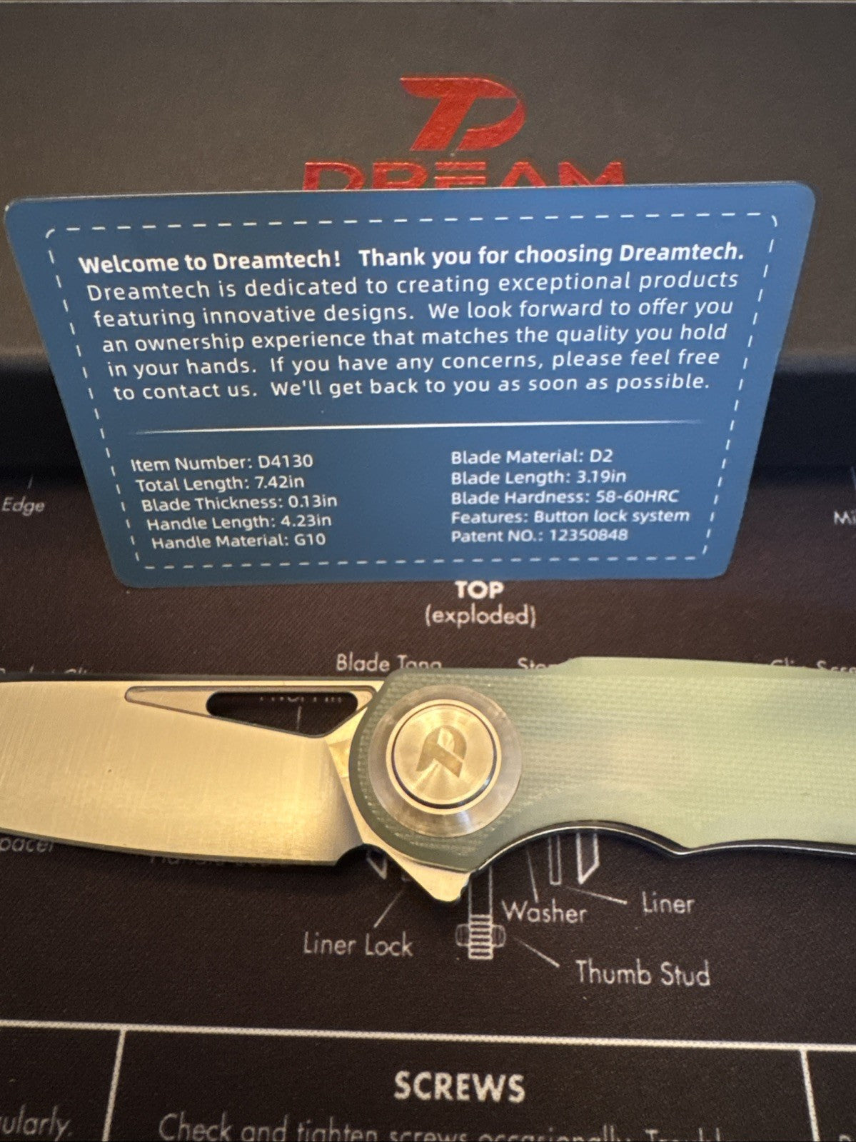 Dreamtech Button Lock, D4130GJ, G10 Handle, D2 blade, Jade