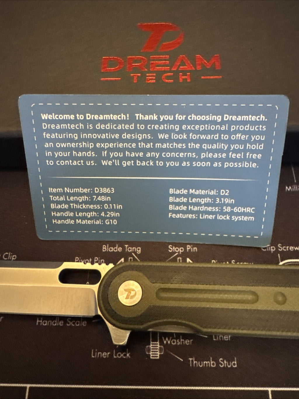 Dreamtech Liner Lock, Green G10 Handle, D2 Blade, Model D3863GG