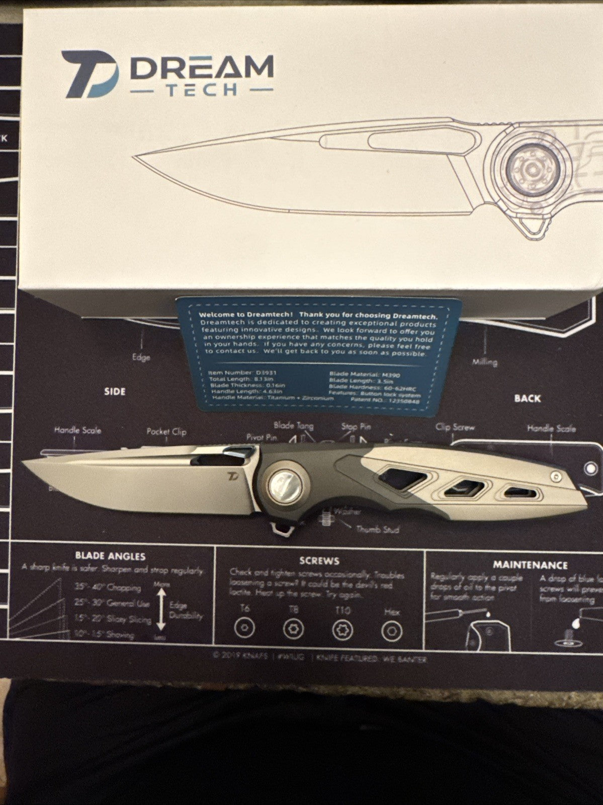 Dreamtech M390 Blade, Button Lock, Titanium + Zirconium Handle,  Model: D4281G