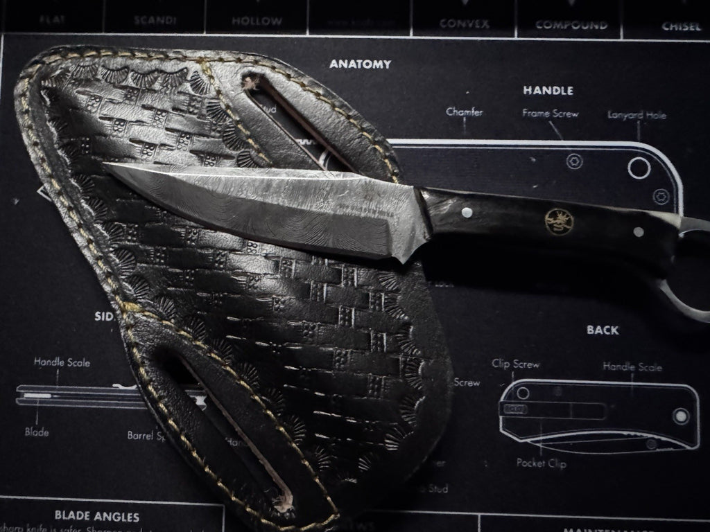 970 BladeWorks Damascus Fixed Blade Knife Bone Handle with Sheath