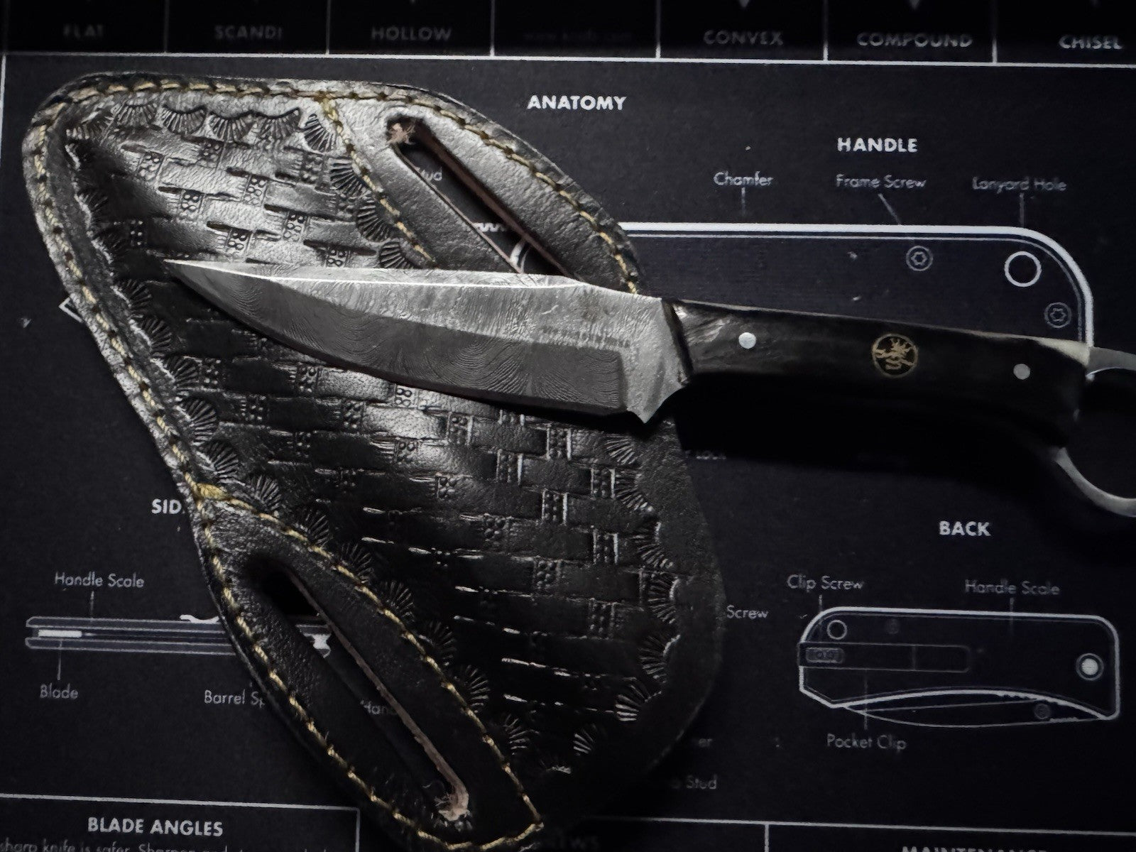 970 BladeWorks Damascus Fixed Blade Knife Bone Handle with Sheath