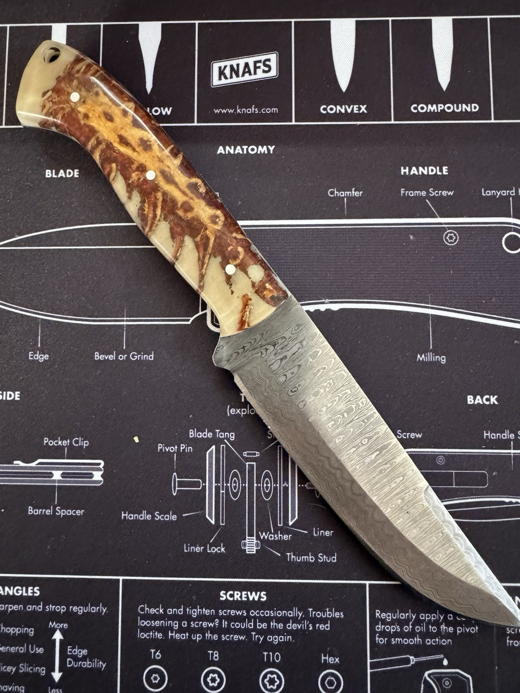 USA MADE Fixed blade - Damascus Blade - Pine Cone Handlle - 970 Bladeworks