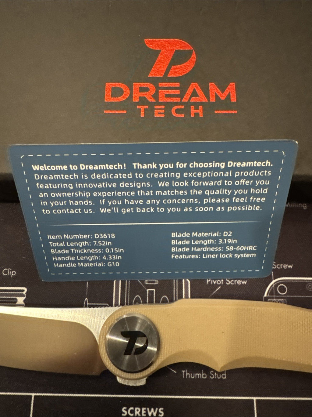 Dreamtech D2 Blade, G10 Handle, Model D3618GD, Tan