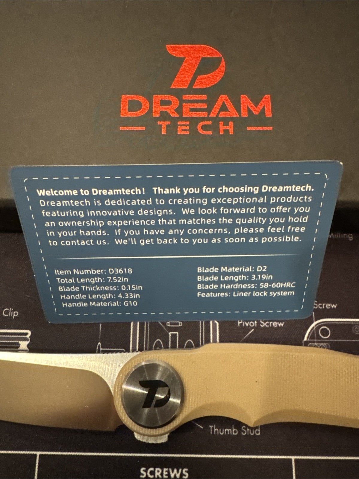 Dreamtech D2 Blade, G10 Handle, Model D3618GD, Tan