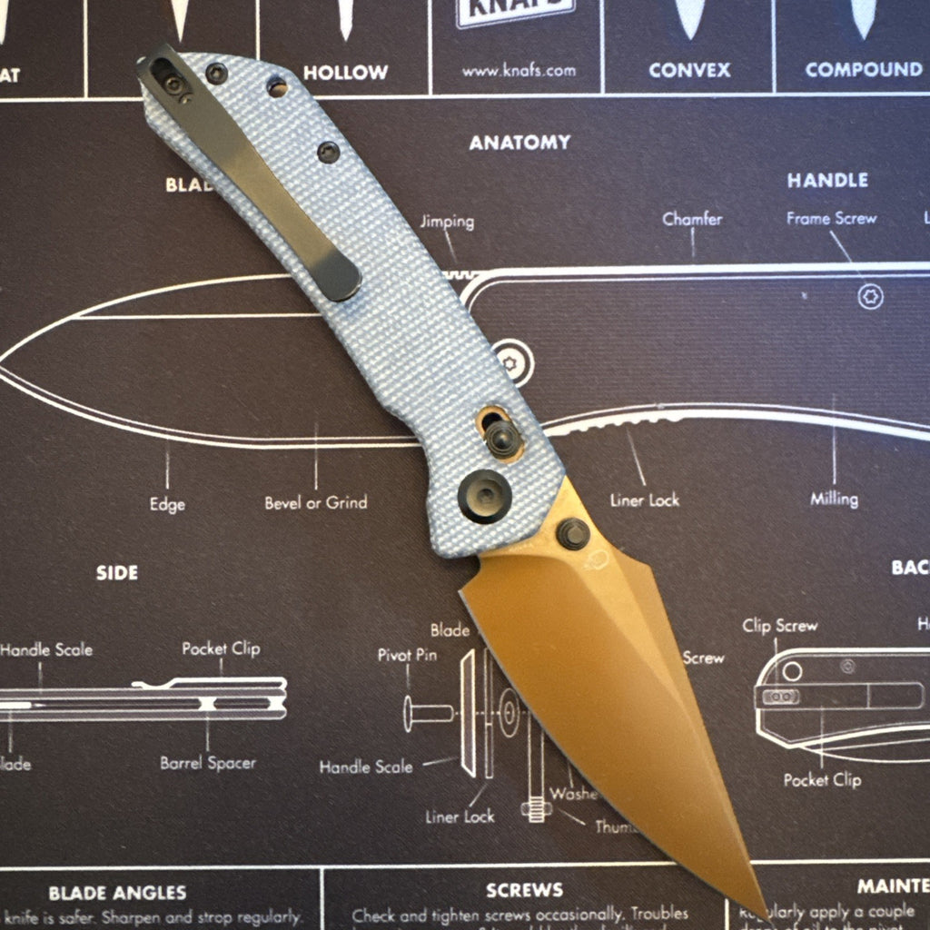 Tenable Fenrir Crossbar Lock Knife Blue Micarta Rose Gold Nitro V Blade T1034V6