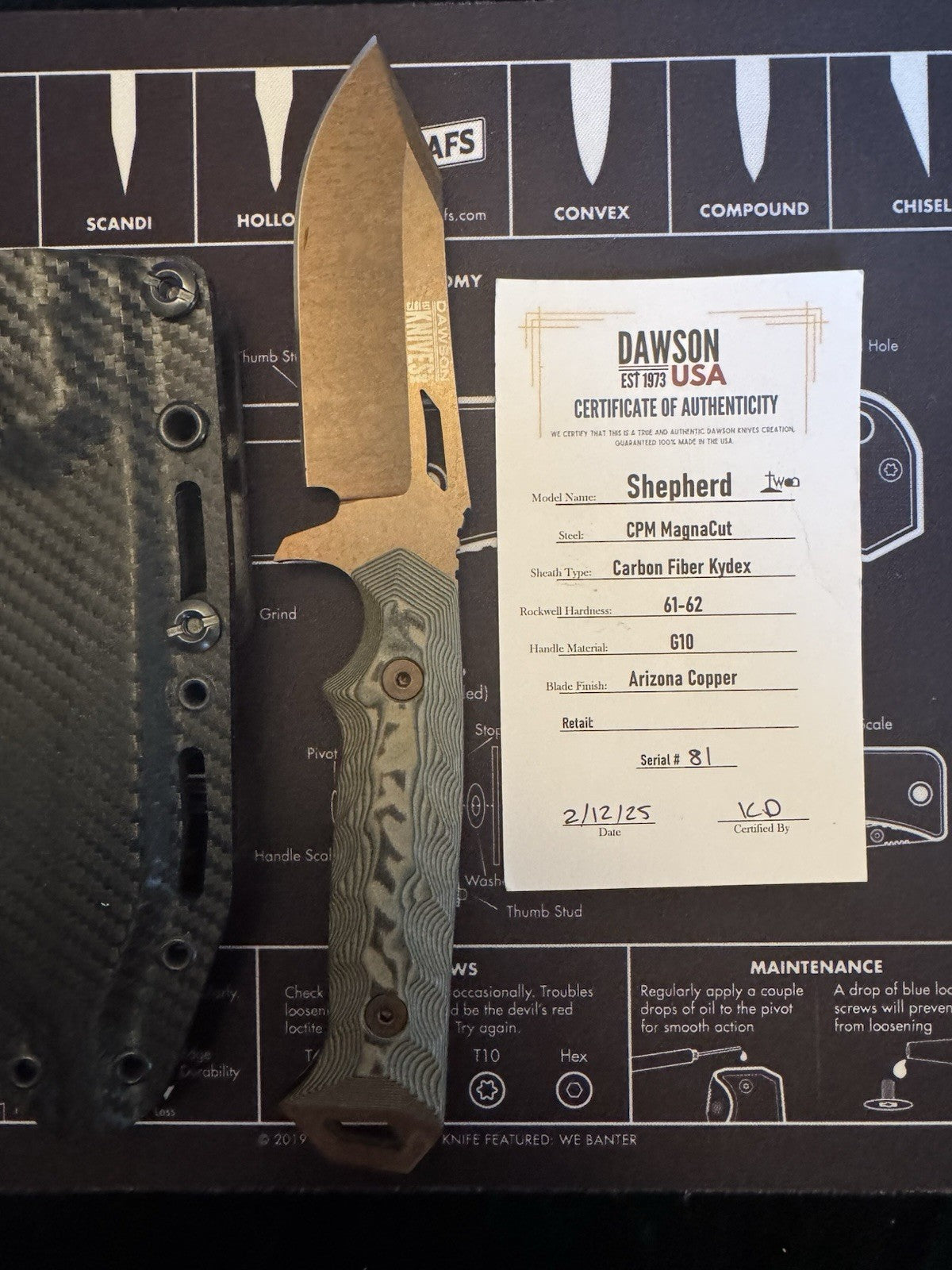 Dawson Shepherd CPM Magnacut G10 Arizona Copper Carbon Fiber Kydex