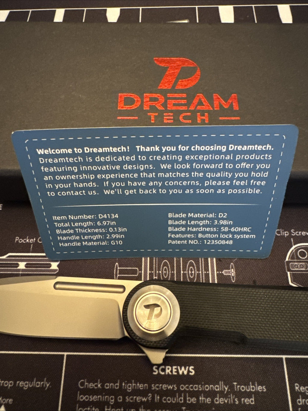 Dreamtech, Titanium Toothpick, Button Lock, Black G10 Handle, D2 Blade,D4134GB