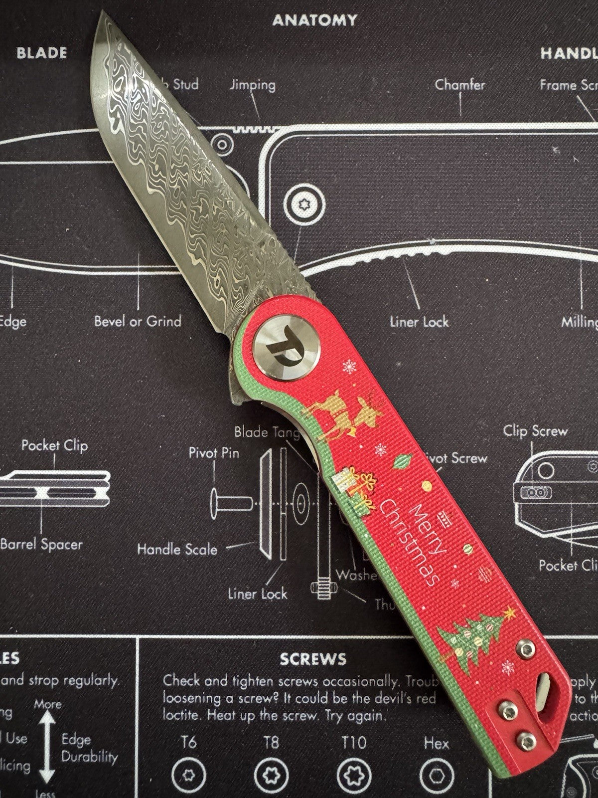 DREAMTECH Christmas Damascus Blade Red G10 Handle Flipper EDC Knife LIMITED