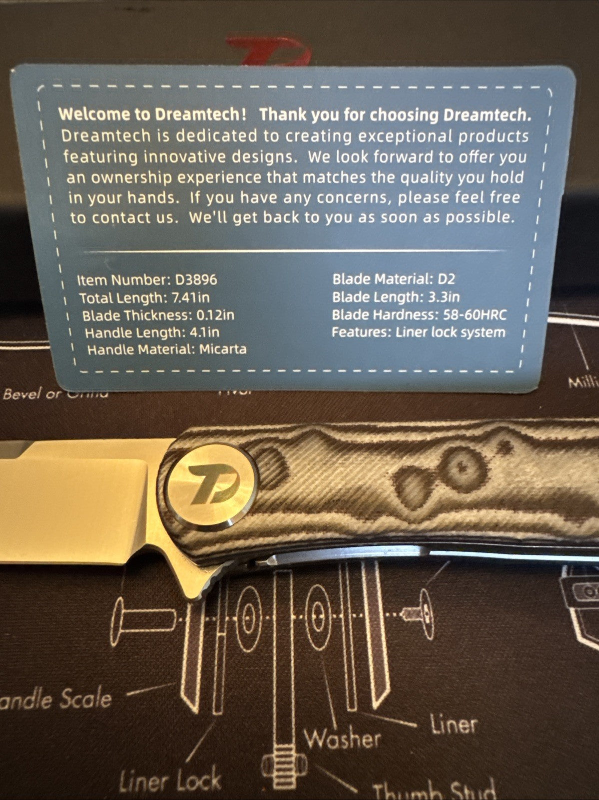 Dreamtech Liner Lock, D3896MG, Micarta Handle, D2 blade