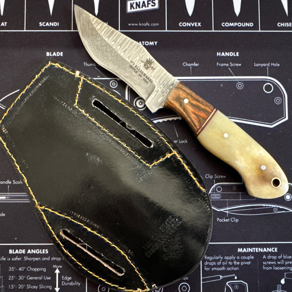 USA MADE Fixed blade - Damascus Blade - Wood And Bone Handlle - 970 Bladeworks