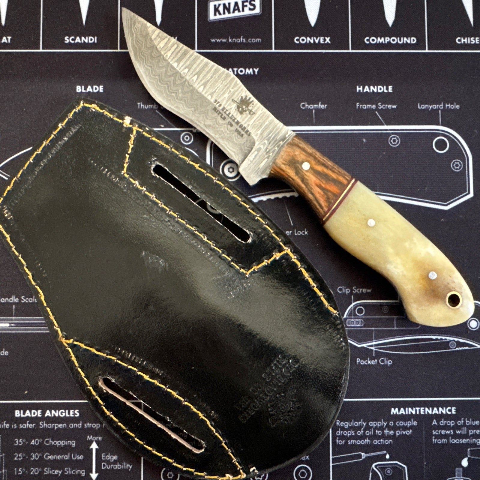 USA MADE Fixed blade - Damascus Blade - Wood And Bone Handlle - 970 Bladeworks