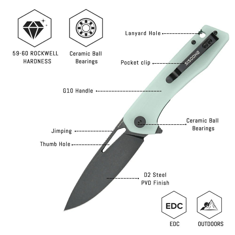 Shooziz D2 Folding Knife Well-Made Blade Pvd + Stone Wash Jade G10