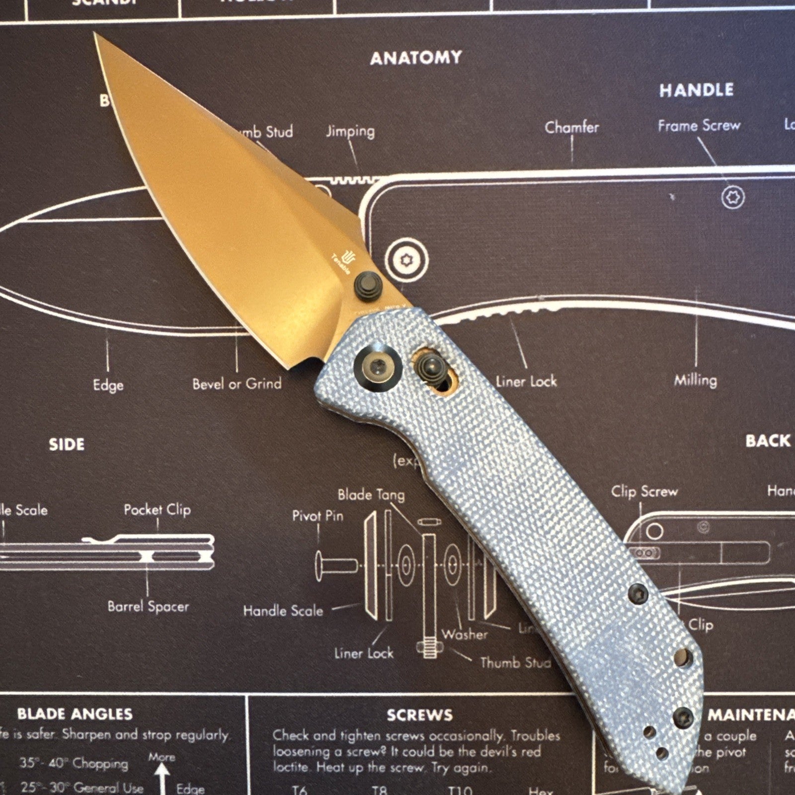 Tenable Fenrir Crossbar Lock Knife Blue Micarta Rose Gold Nitro V Blade T1034V6