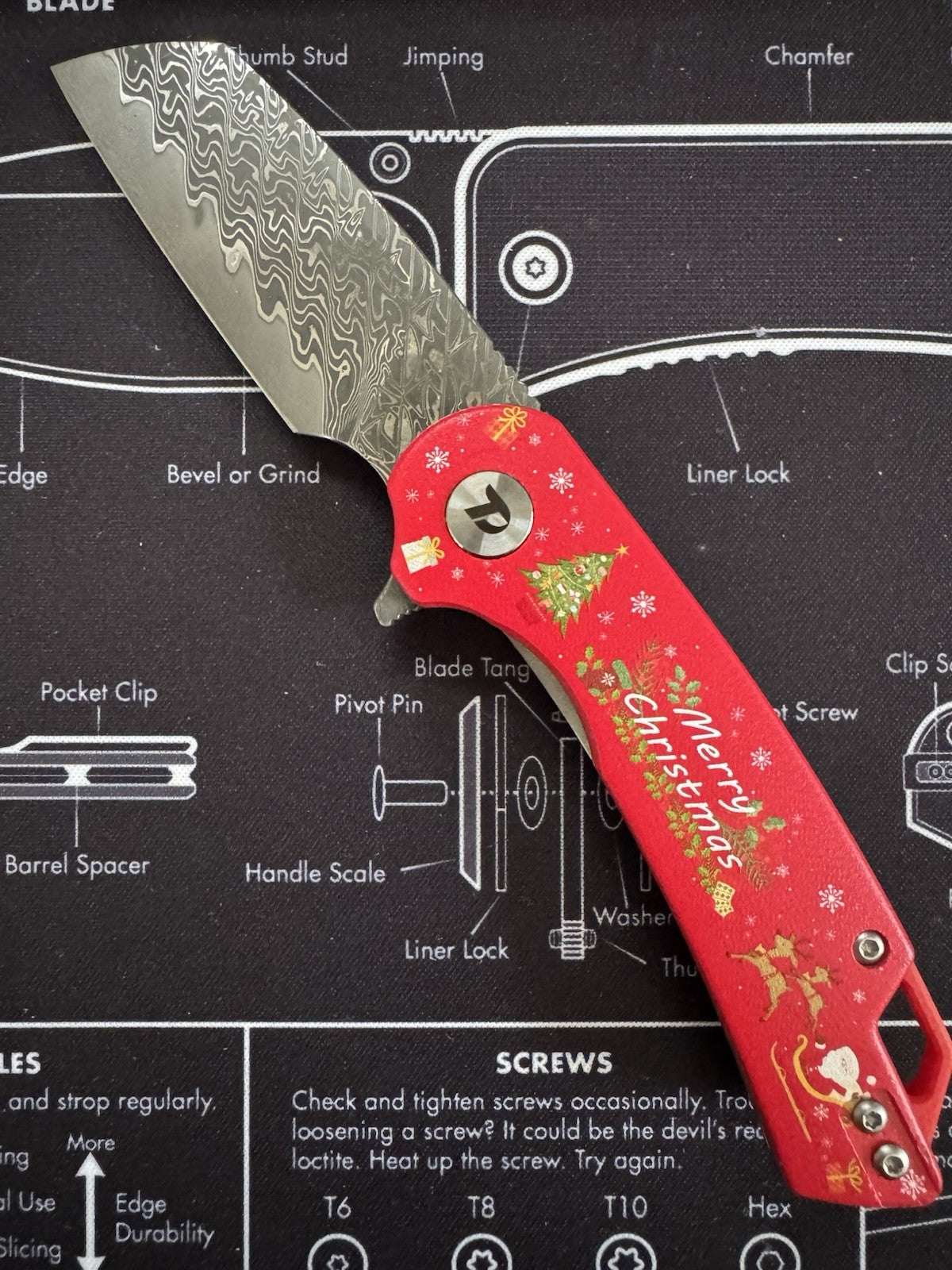Dreamtech Christmas Collection Damascus Clever Blade Red Xmas G10 Handle D3599CD