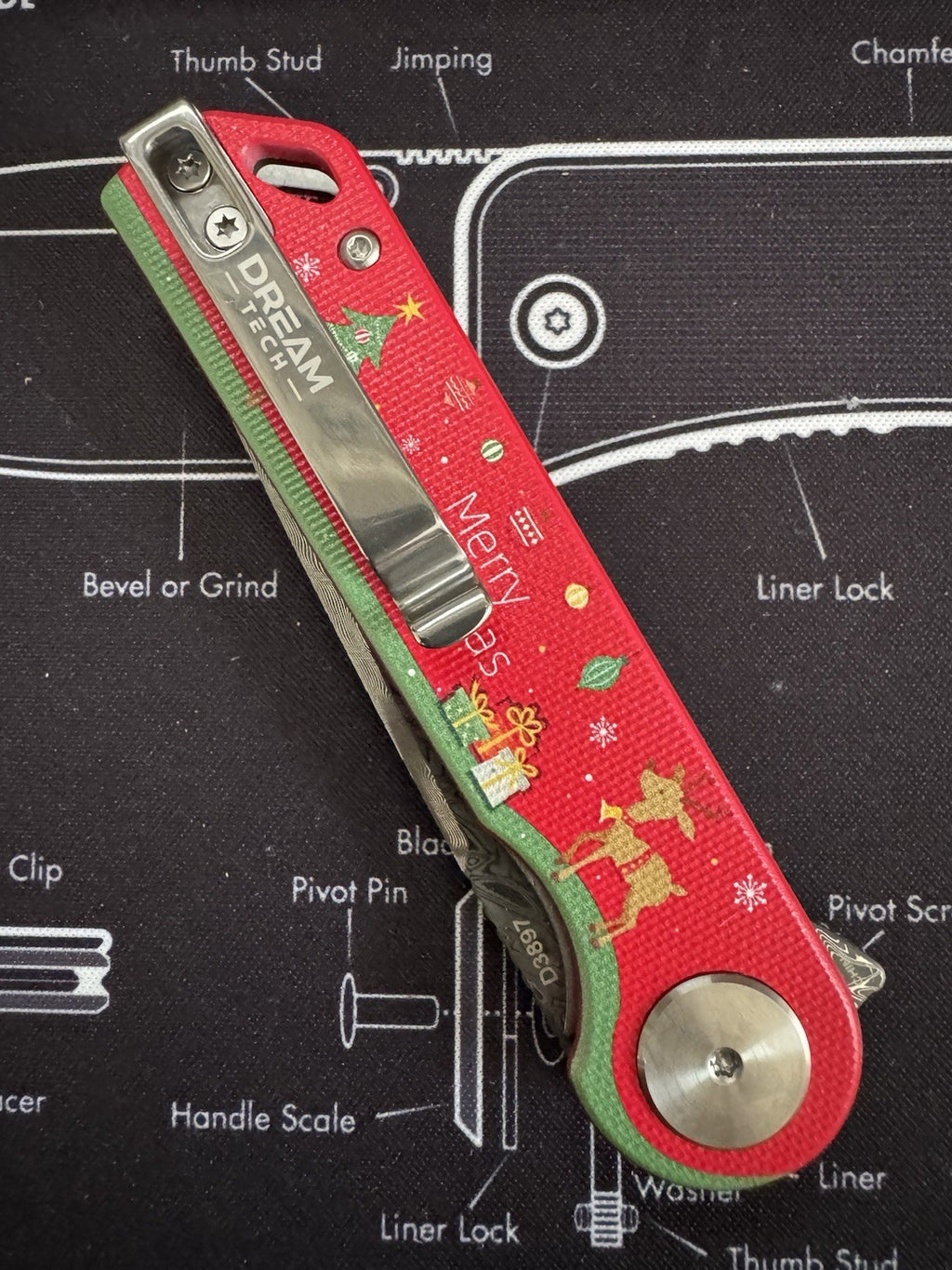 DREAMTECH Christmas Damascus Blade Red G10 Handle Flipper EDC Knife LIMITED