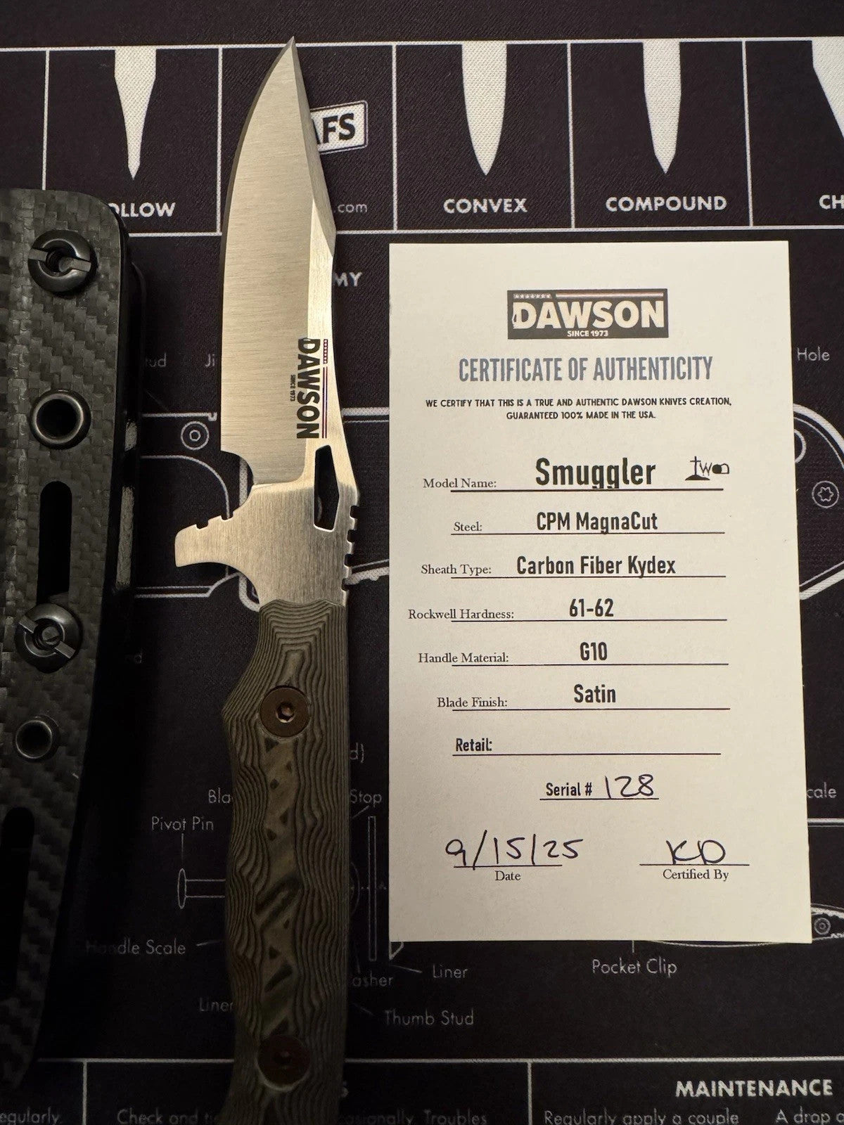 Dawson Knives Smuggler Fixed Knife 3.38" CPM MagnaCut Steel Blade G10 Handle