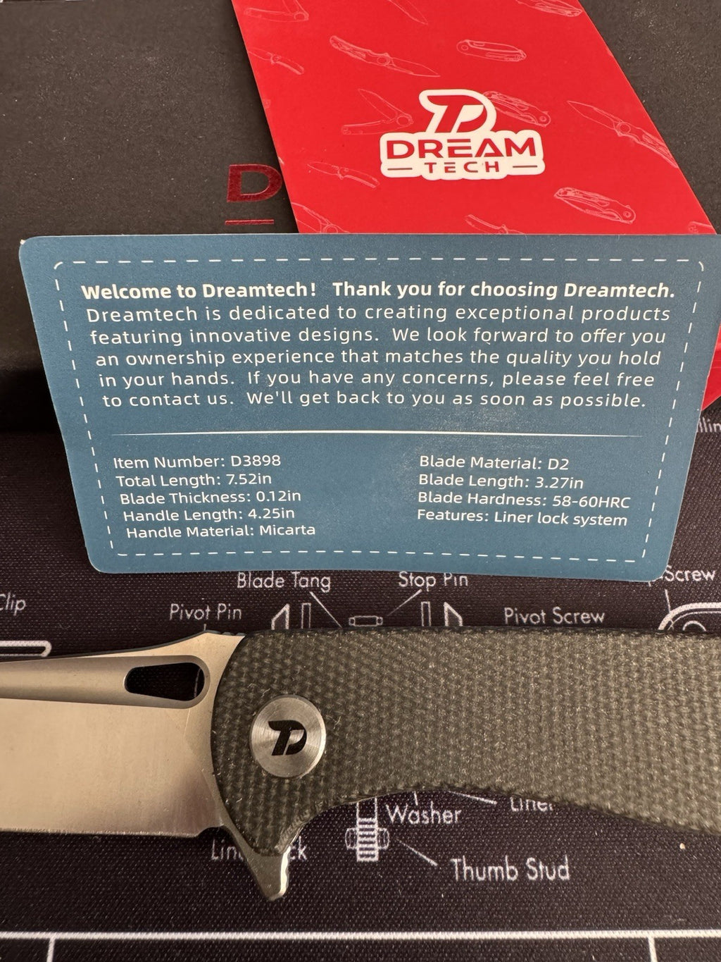 Dreamtech D3898MB Liner Lock Black G10 Destin D2 Folding Knife New In Box