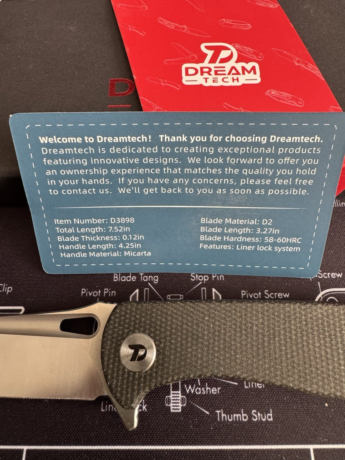 Dreamtech D3898MB Liner Lock Black G10 Destin D2 Folding Knife New In Box