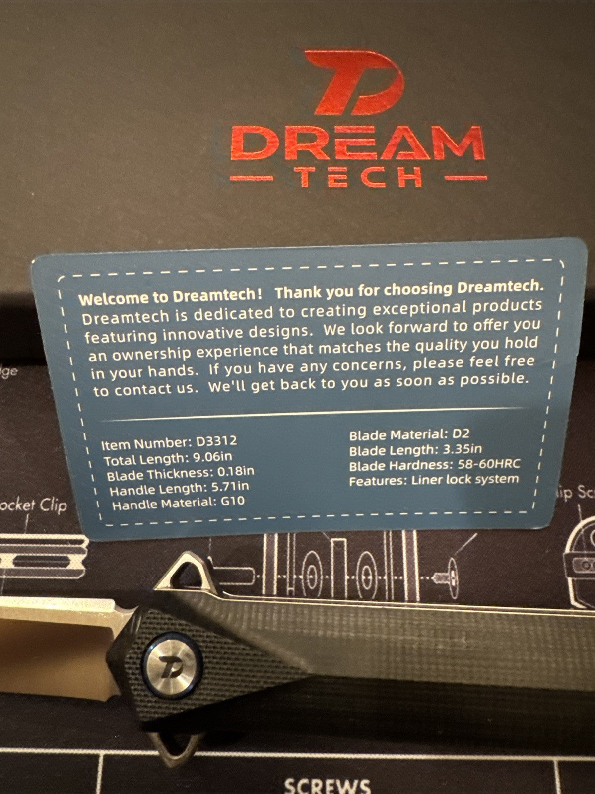 Dreamtech Dagger G10 Handle, D2 Blade, Model: D3312GB 