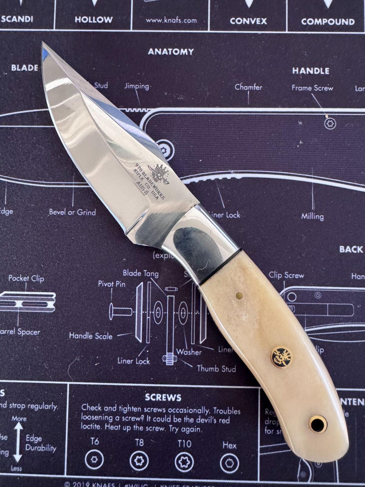 970 BladeWorks Handmade Hand Forged Hunting Knife Bone Handle w/ Cross Sheath