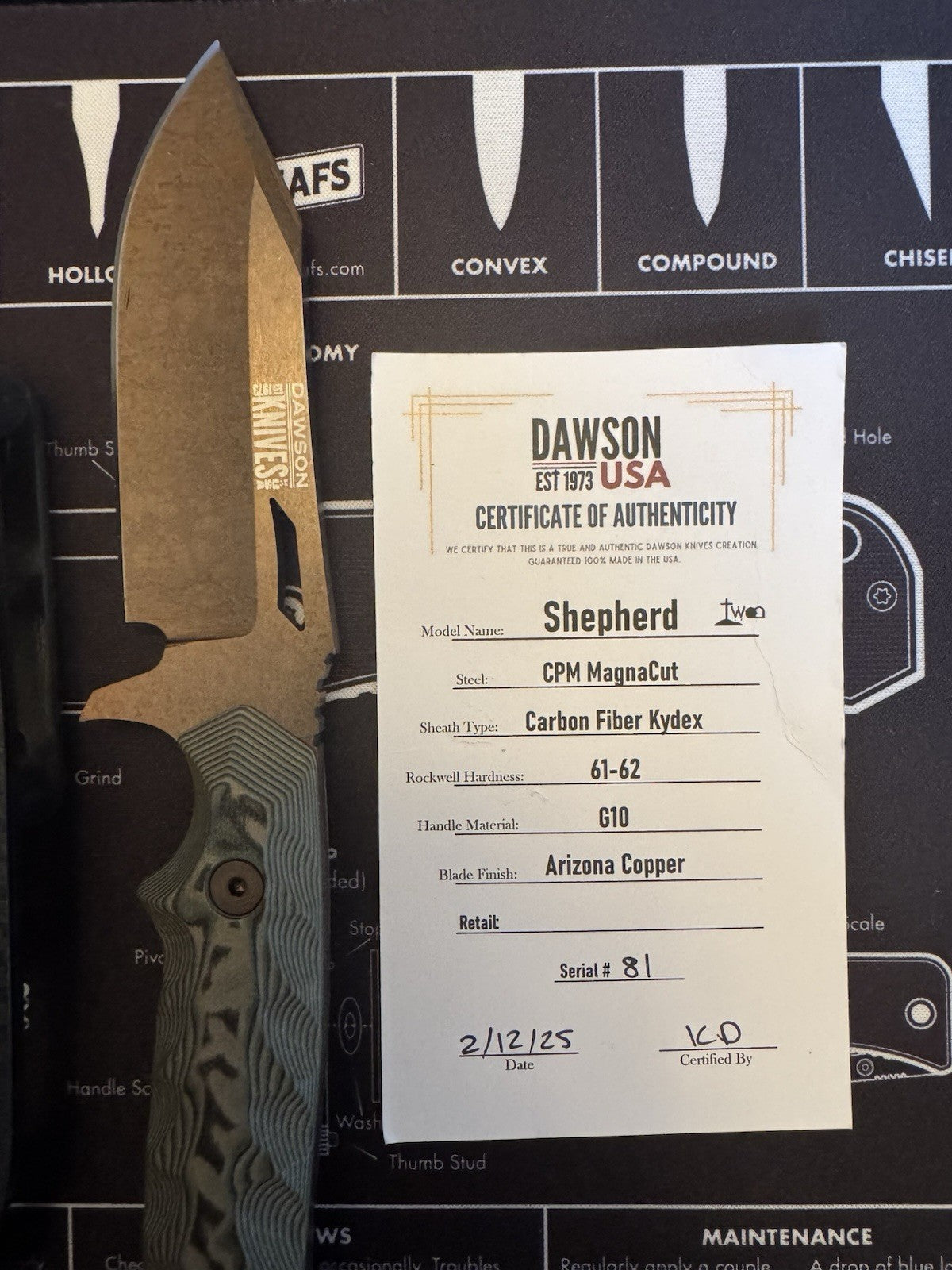 Dawson Shepherd CPM Magnacut G10 Arizona Copper Carbon Fiber Kydex