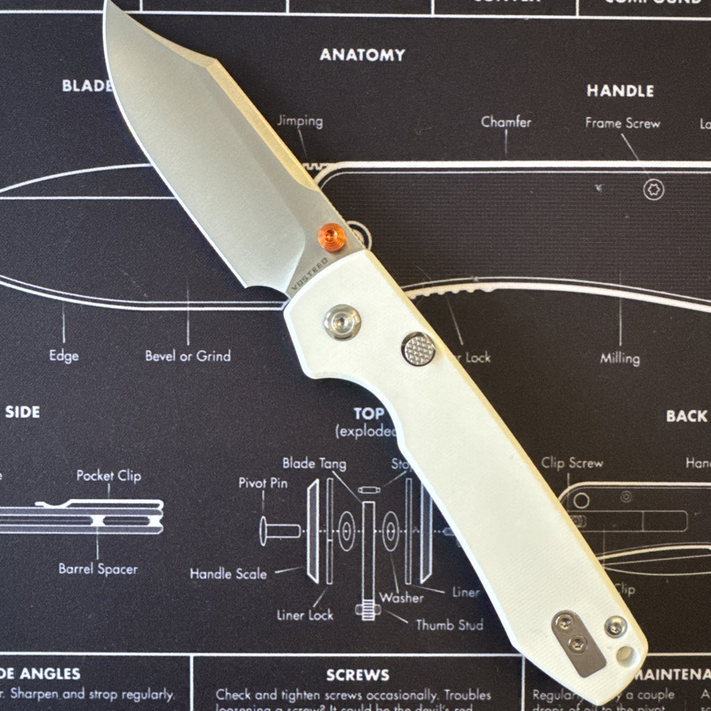 Vosteed Raccoon Folding Knife White G10 Handle 14C28N Bowie Plain Satin A2912