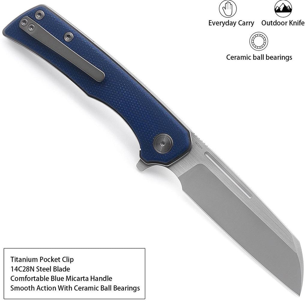 Miguron Knives Malory Flipper Folding Knife 3.5" Satin 14C28N Blade Blue Micarta