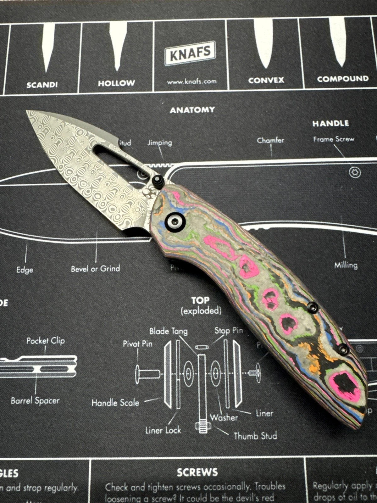 Kansept Link Folding Knife 80S Camo CF/Ti Handle Damascus Plain Edge