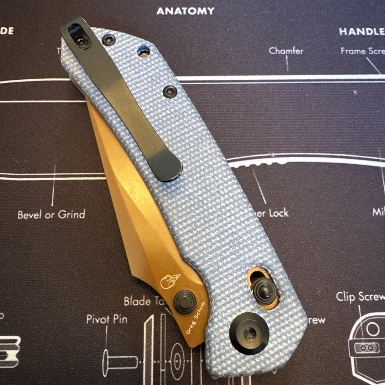 Tenable Fenrir Crossbar Lock Knife Blue Micarta Rose Gold Nitro V Blade T1034V6