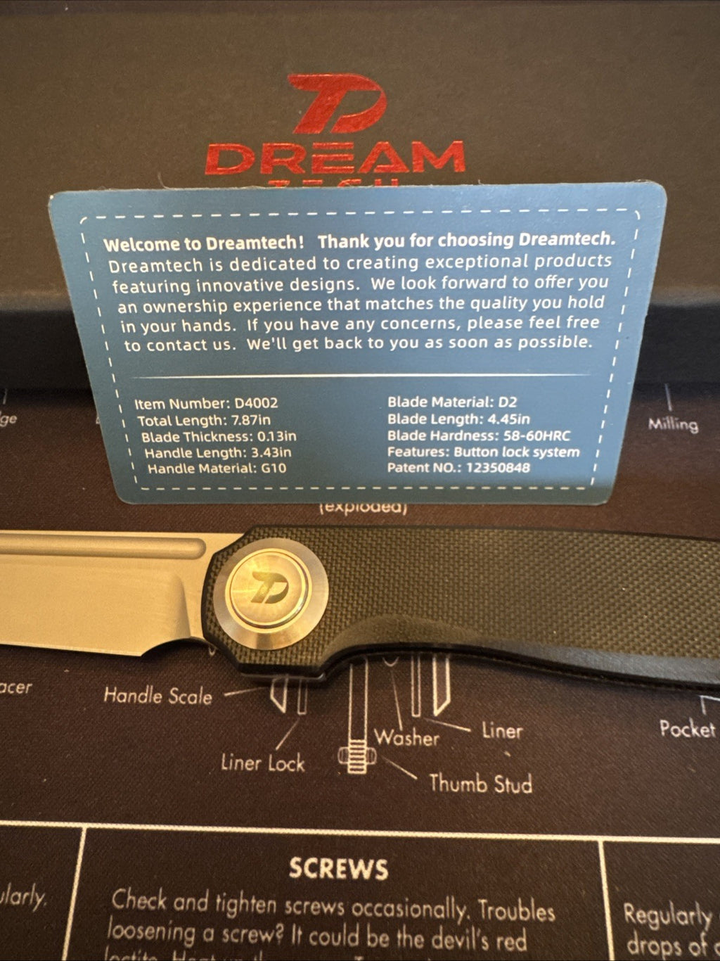 Dreamtech Button Lock, D4002GB, Black G10 Handle, D2 blade, Black