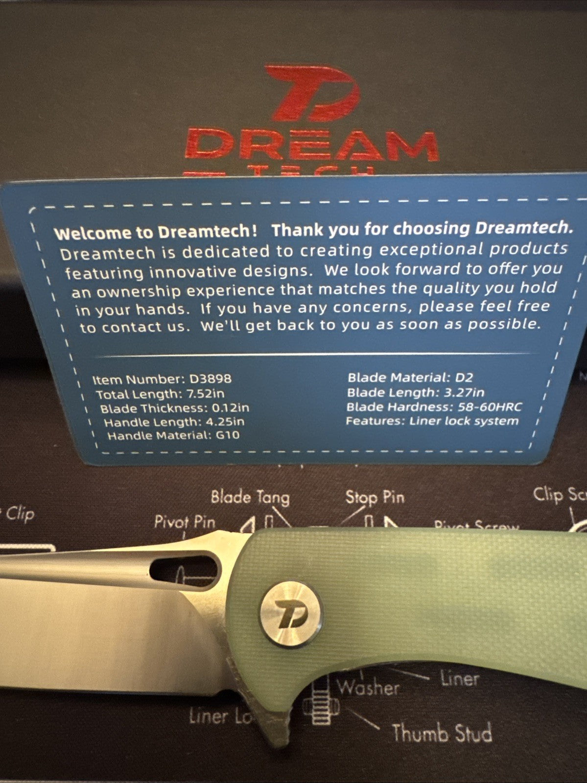 Dreamtech Liner Lock, Jade G10 Handle, D2 Blade, Model D389GJ