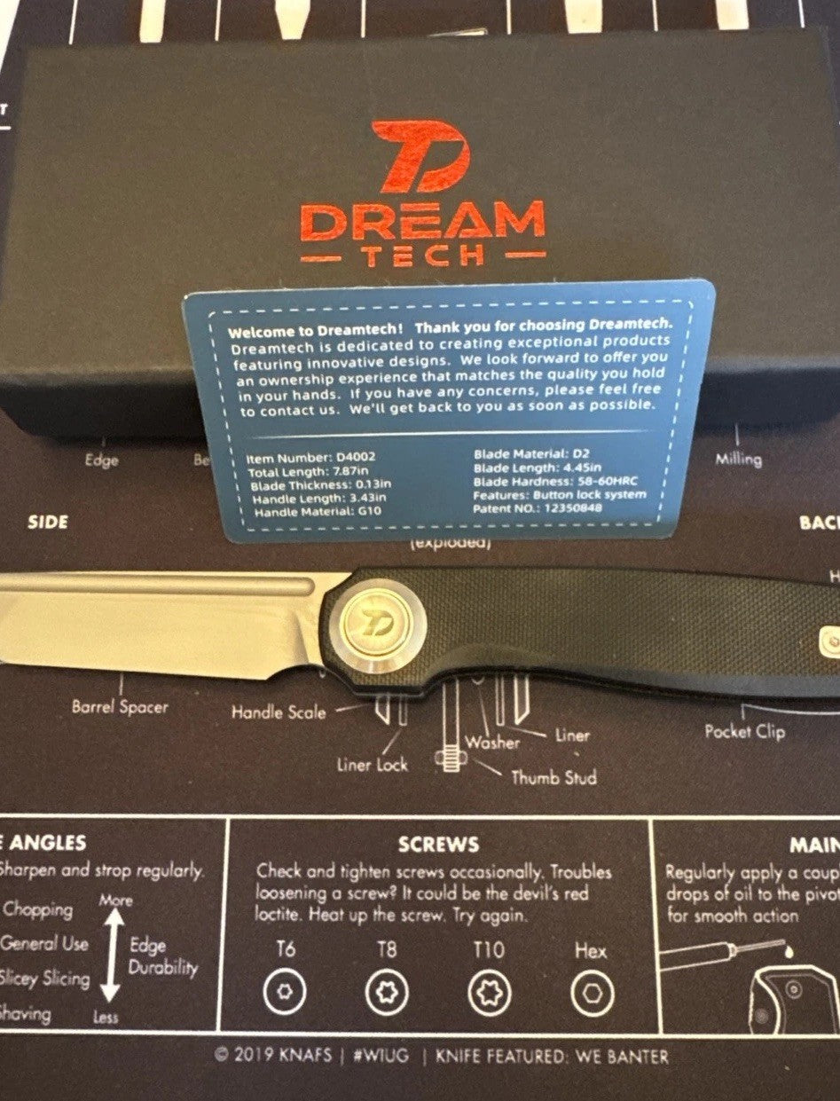 Dreamtech Button Lock, D4002GB, Black G10 Handle, D2 blade, Black