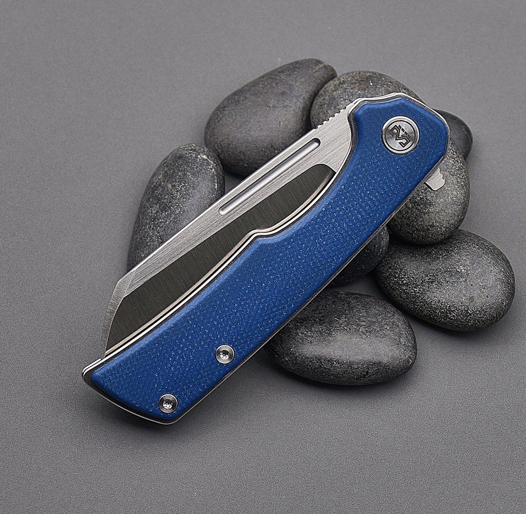 Miguron Knives Malory Flipper Folding Knife 3.5" Satin 14C28N Blade Blue Micarta