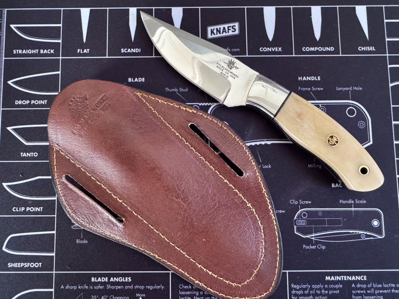 970 BladeWorks Handmade Hand Forged Hunting Knife Bone Handle w/ Cross Sheath
