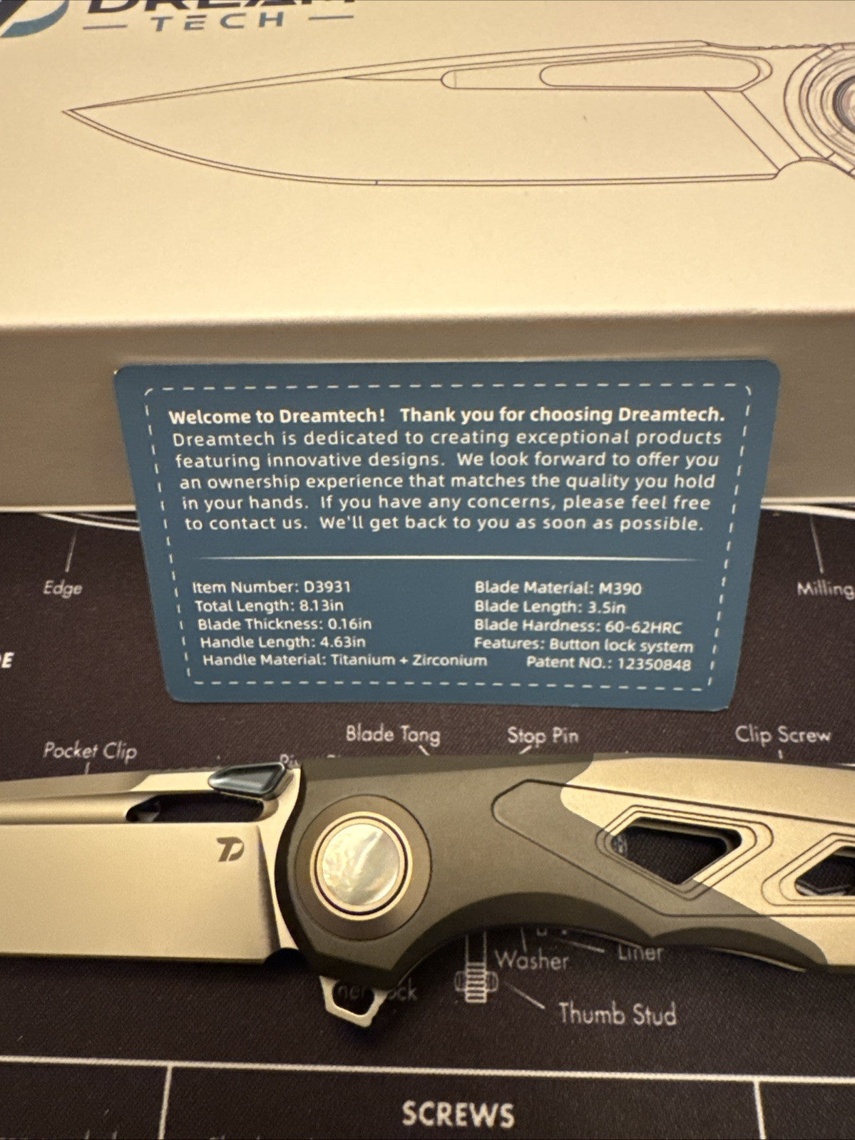 Dreamtech M390 Blade, Button Lock, Titanium + Zirconium Handle,  Model: D4281G