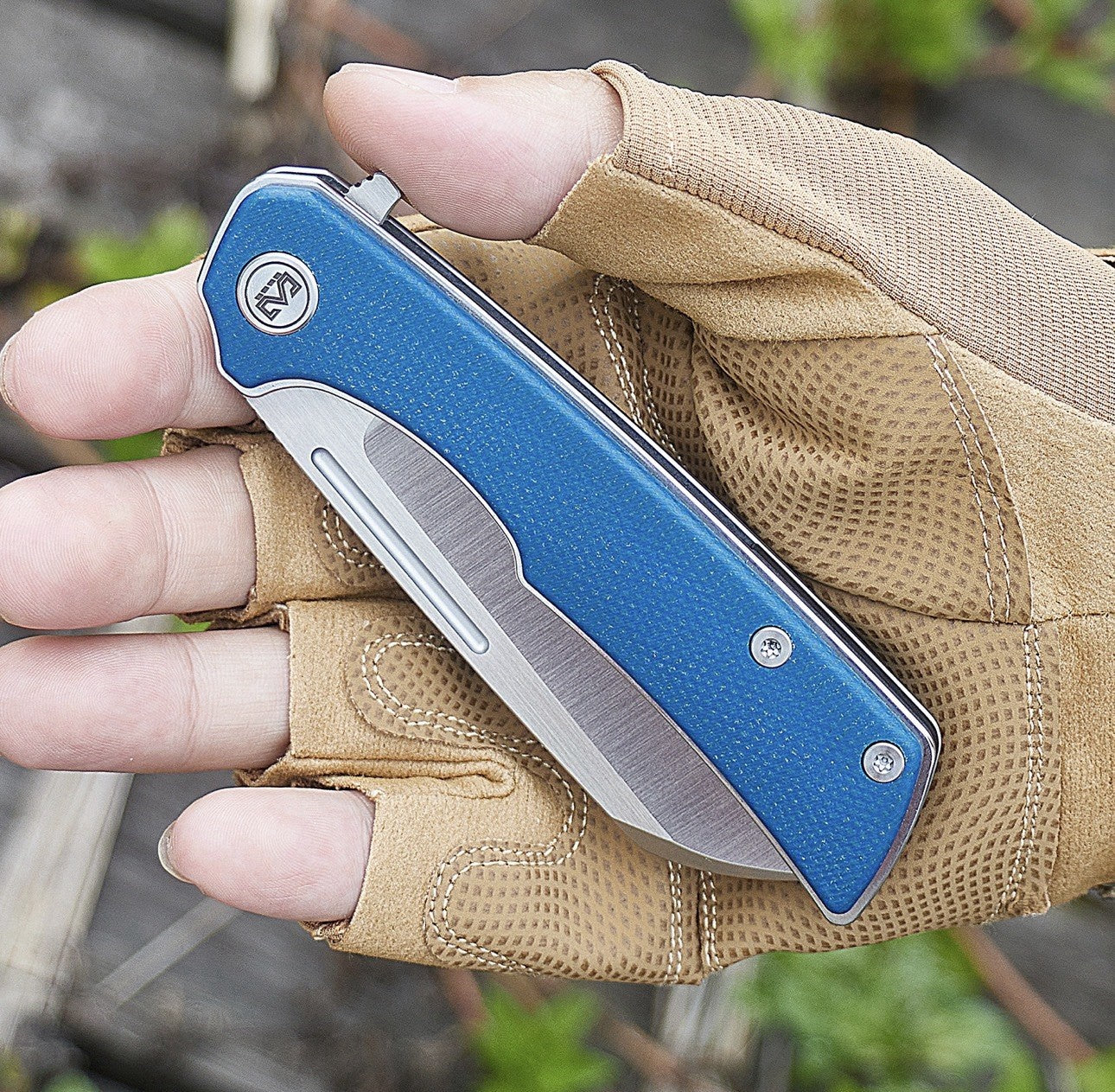 Miguron Knives Malory Flipper Folding Knife 3.5" Satin 14C28N Blade Blue Micarta