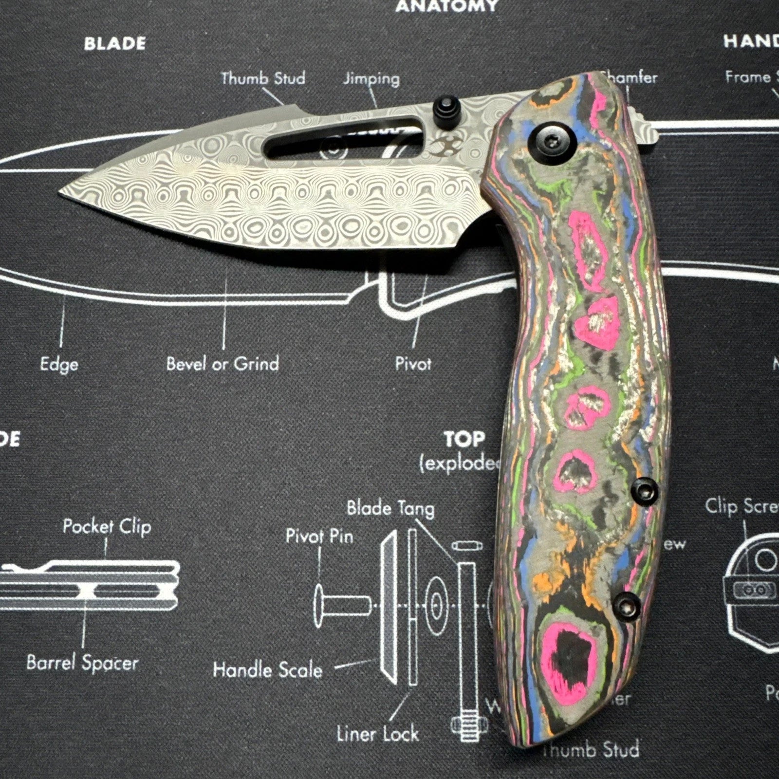 Kansept Link Folding Knife 80S Camo CF/Ti Handle Damascus Plain Edge