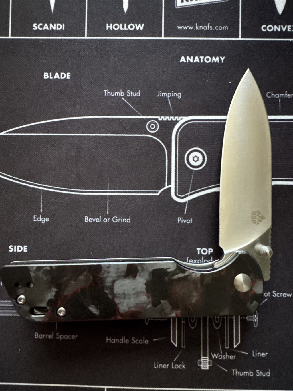 QSP Parrot V2 Liner Lock Knife Red Shred CF + G-10 (3.25" Satin)