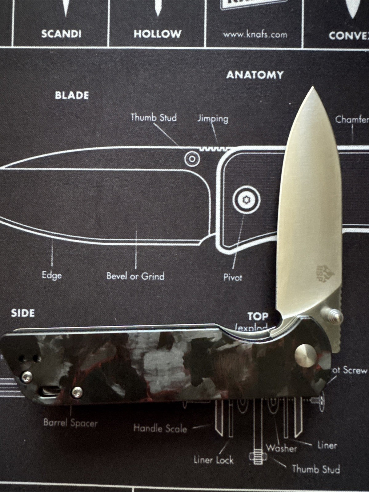 QSP Parrot V2 Liner Lock Knife Red Shred CF + G-10 (3.25" Satin)