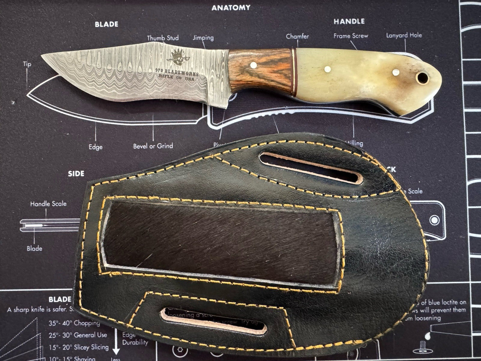 USA MADE Fixed blade - Damascus Blade - Wood And Bone Handlle - 970 Bladeworks
