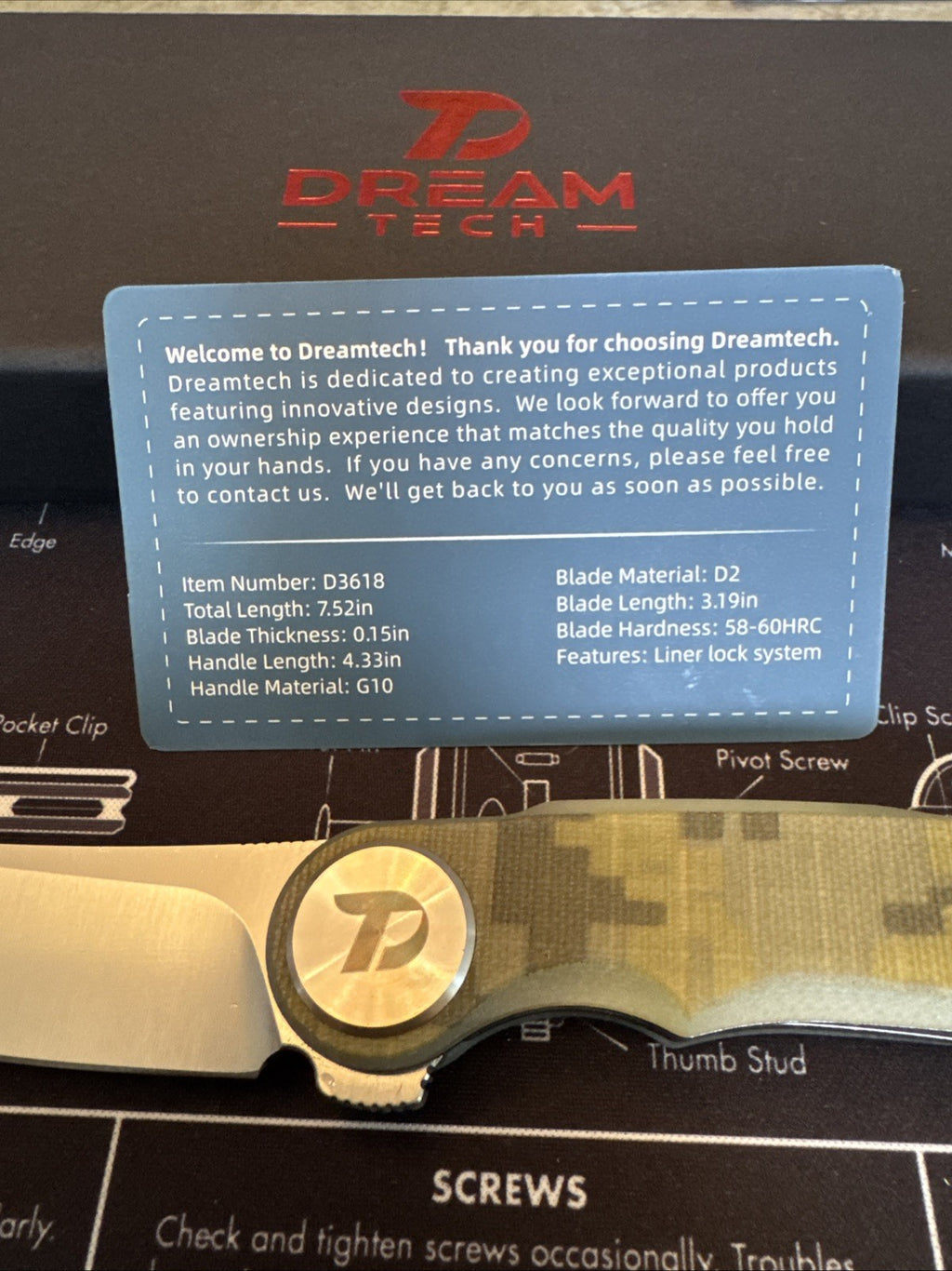 Dreamtech D2 Blade, G10 Handle, Model D3618, Camo
