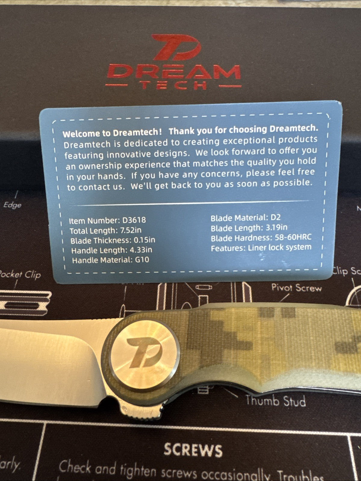 Dreamtech D2 Blade, G10 Handle, Model D3618, Camo