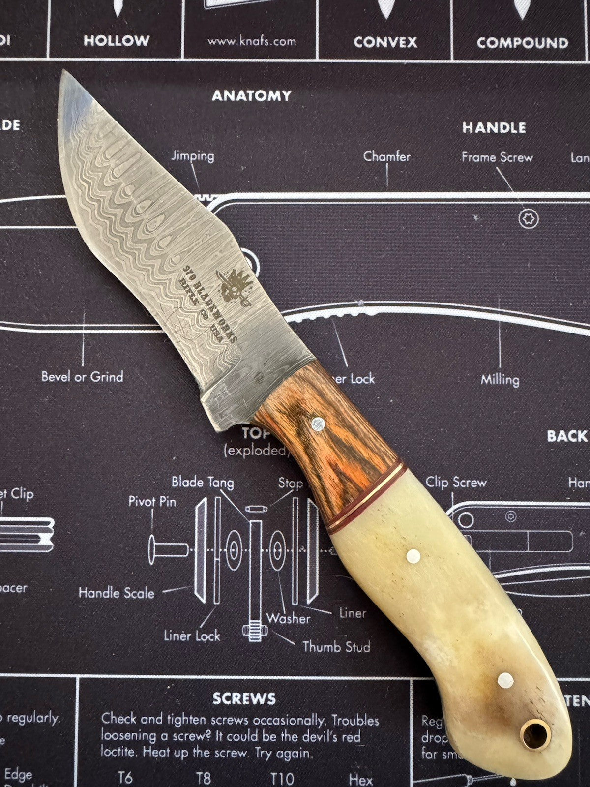 USA MADE Fixed blade - Damascus Blade - Wood And Bone Handlle - 970 Bladeworks