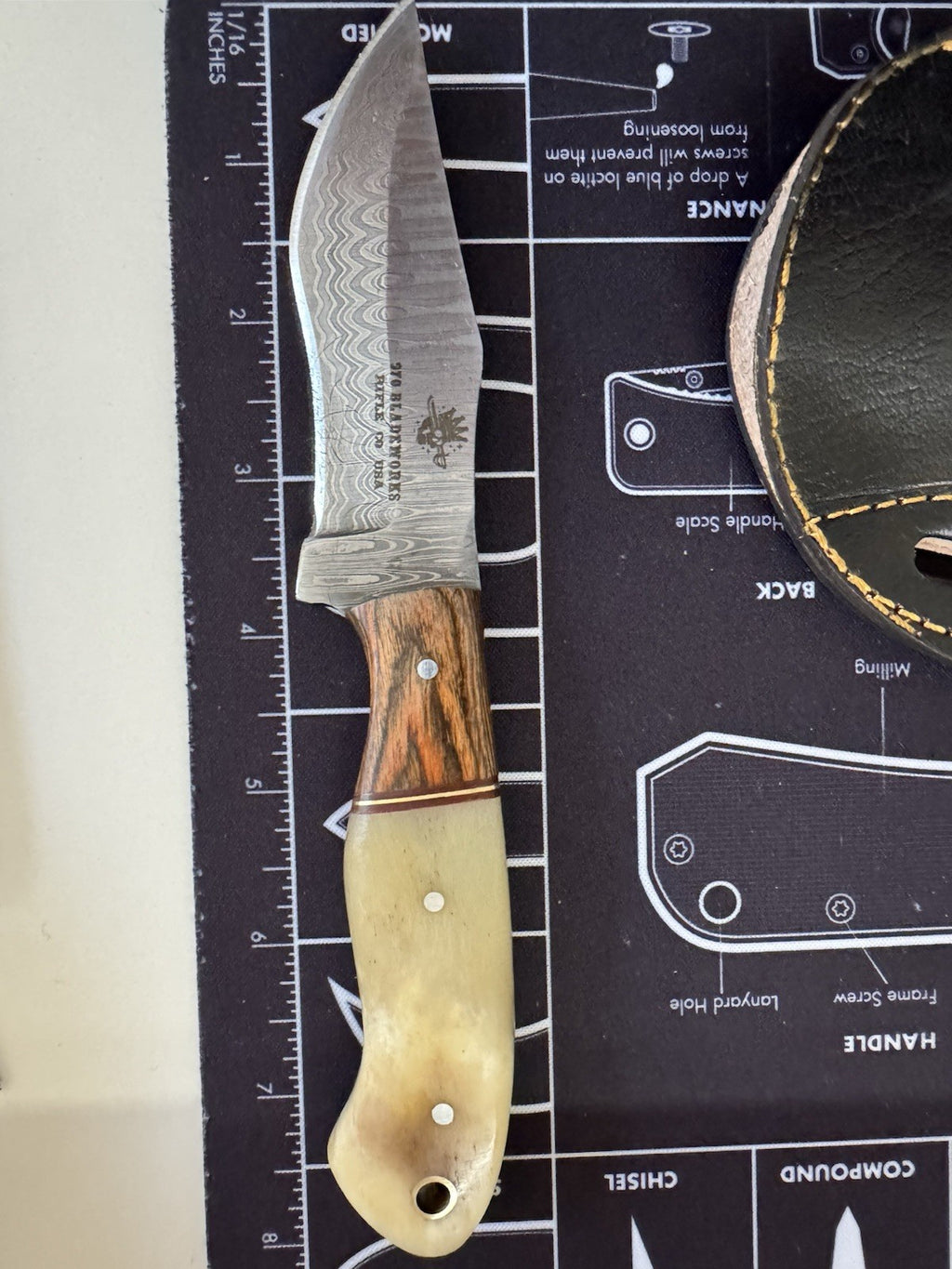 USA MADE Fixed blade - Damascus Blade - Wood And Bone Handlle - 970 Bladeworks