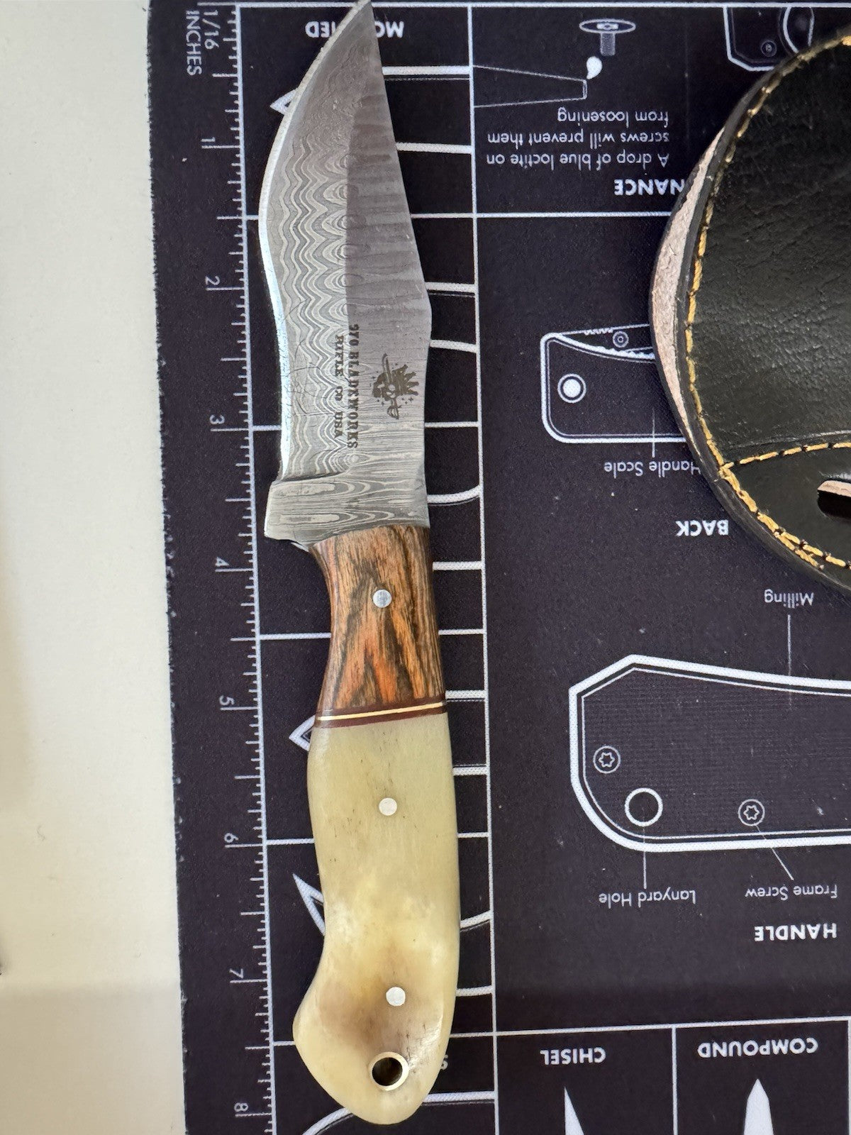 USA MADE Fixed blade - Damascus Blade - Wood And Bone Handlle - 970 Bladeworks